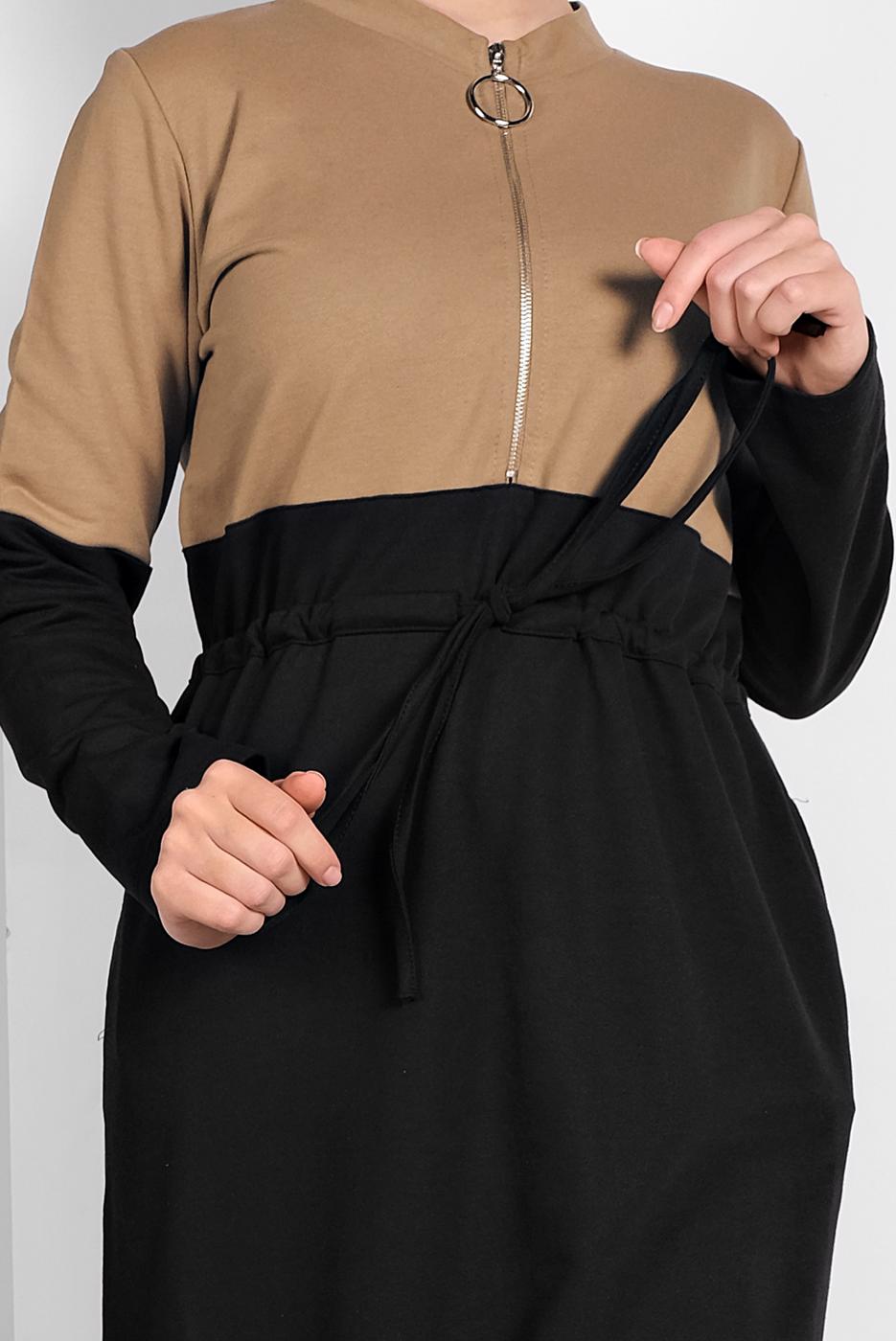 Tesettür giyim KAHVE İKİ RENKLİ EŞOFMAN ELBİSE 518 