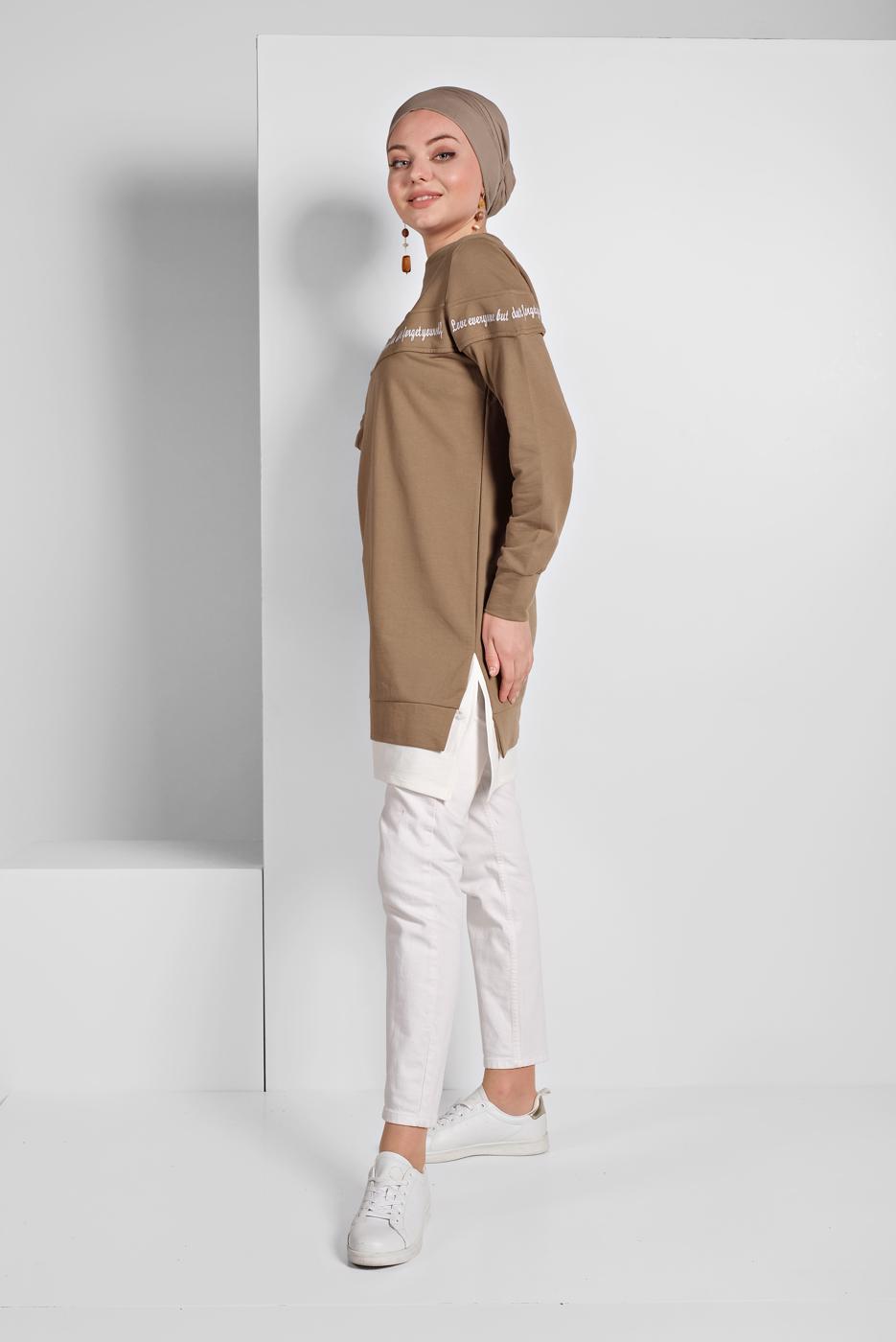 Tesettür giyim KAHVE YAZI BASKILI EŞOFMAN TUNİK 818