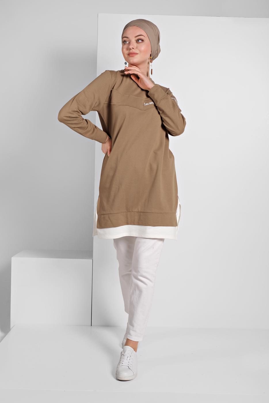 Tesettür giyim KAHVE YAZI BASKILI EŞOFMAN TUNİK 818