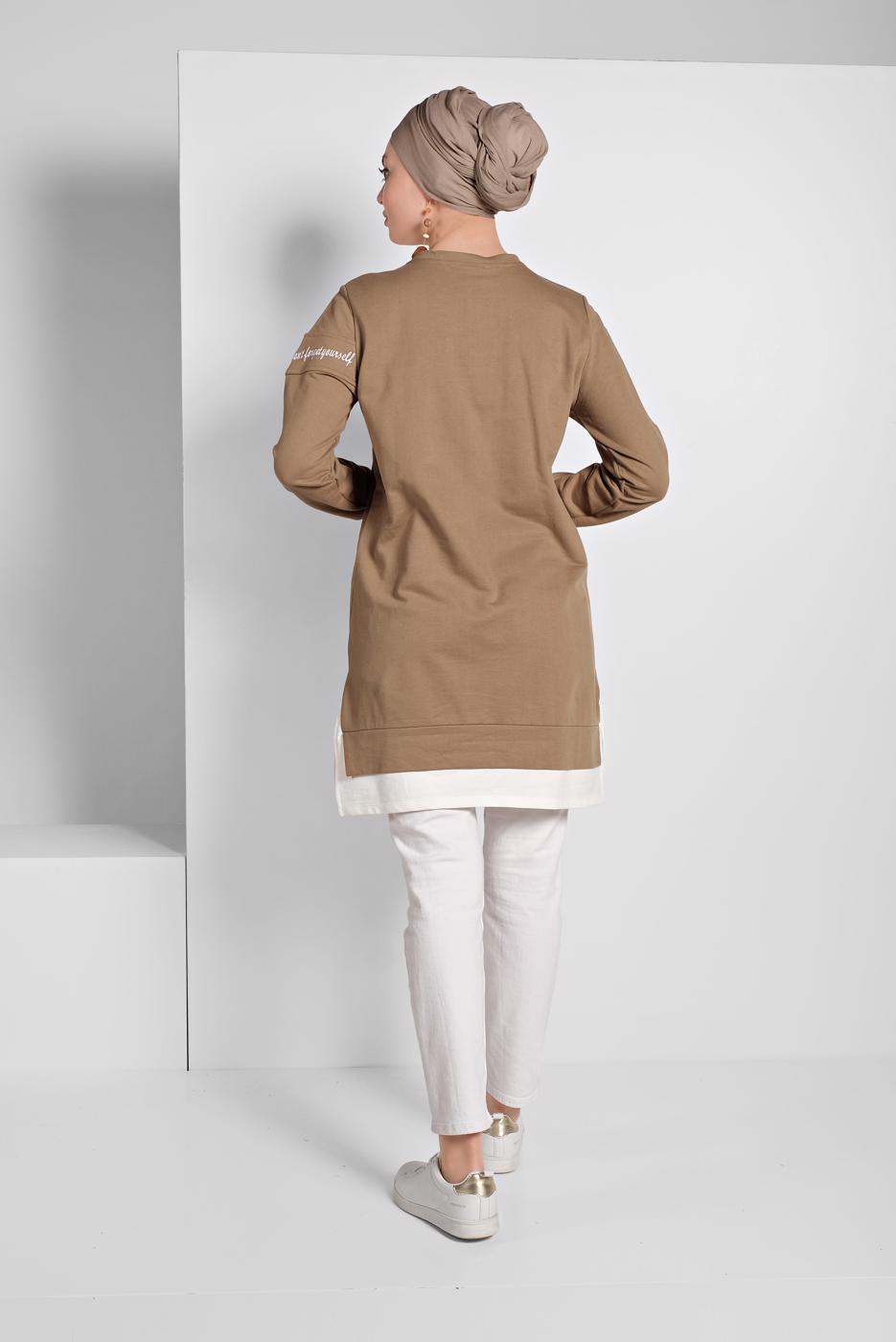 Tesettür giyim KAHVE YAZI BASKILI EŞOFMAN TUNİK 818