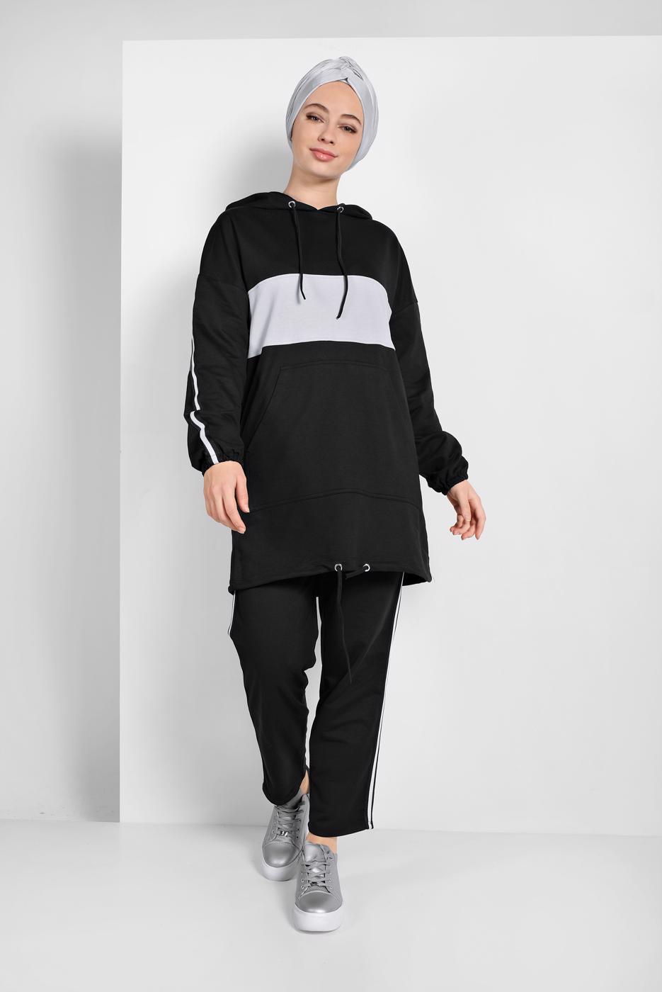 Tesettür giyim SİYAH ETEK UCU BÜZGÜLÜ EŞOFMAN TAKIMI 838