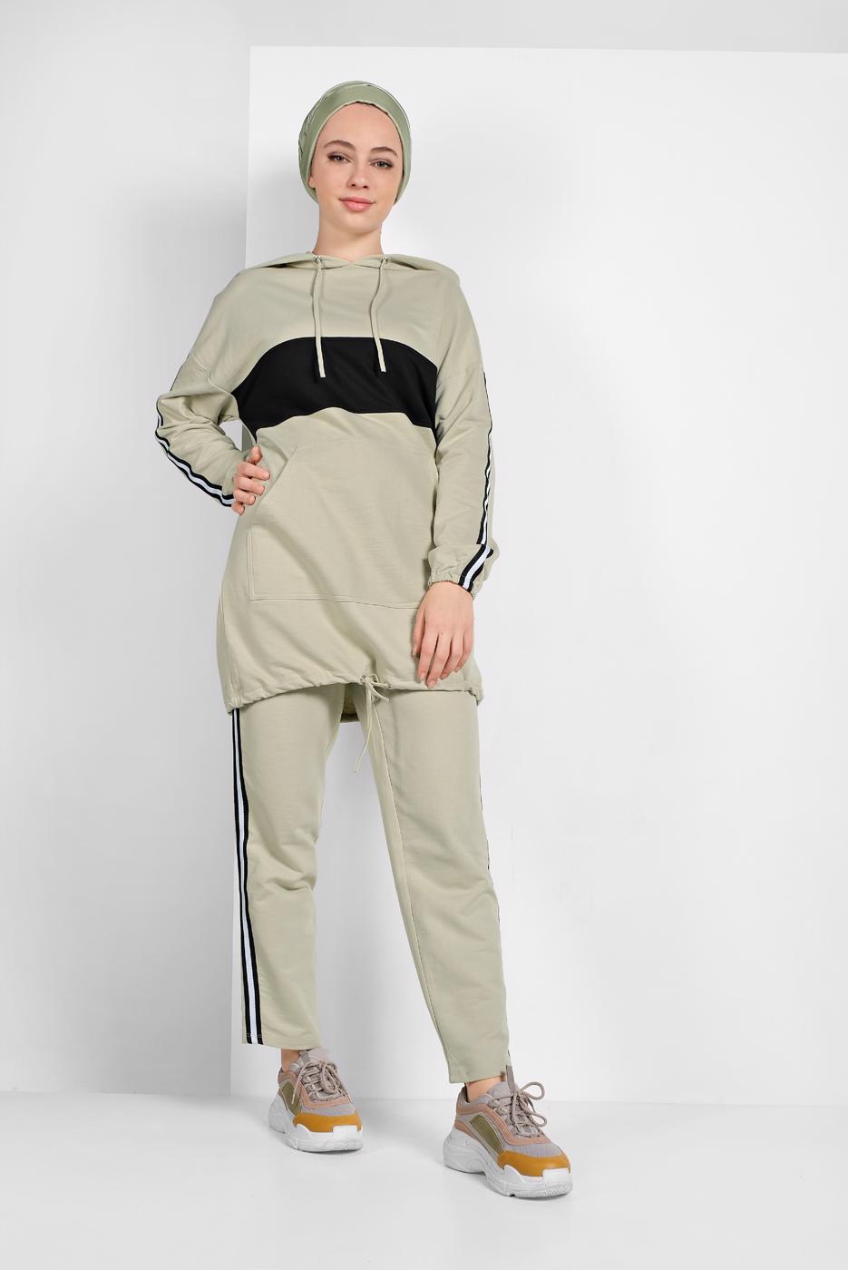 Tesettür giyim YEŞİL ETEK UCU BÜZGÜLÜ EŞOFMAN TAKIMI 838