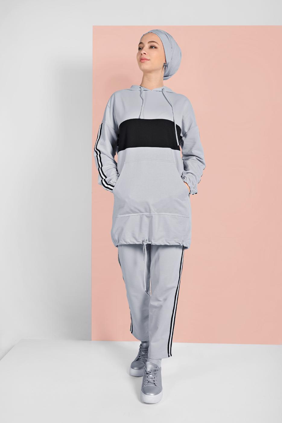 Tesettür giyim GRİ ETEK UCU BÜZGÜLÜ EŞOFMAN TAKIMI 838