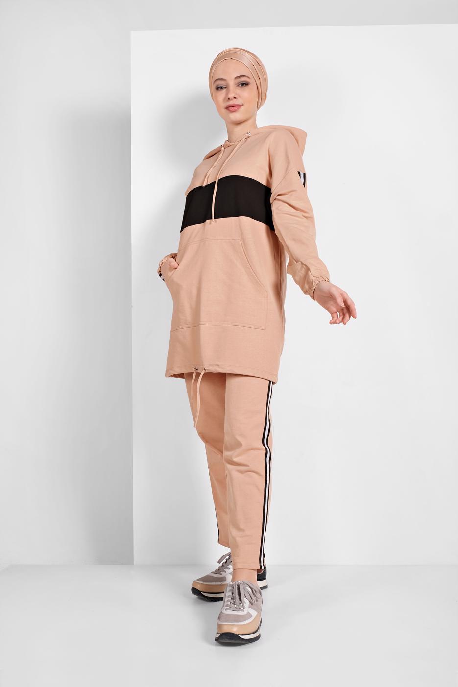 Tesettür giyim PUDRA ETEK UCU BÜZGÜLÜ EŞOFMAN TAKIMI 838