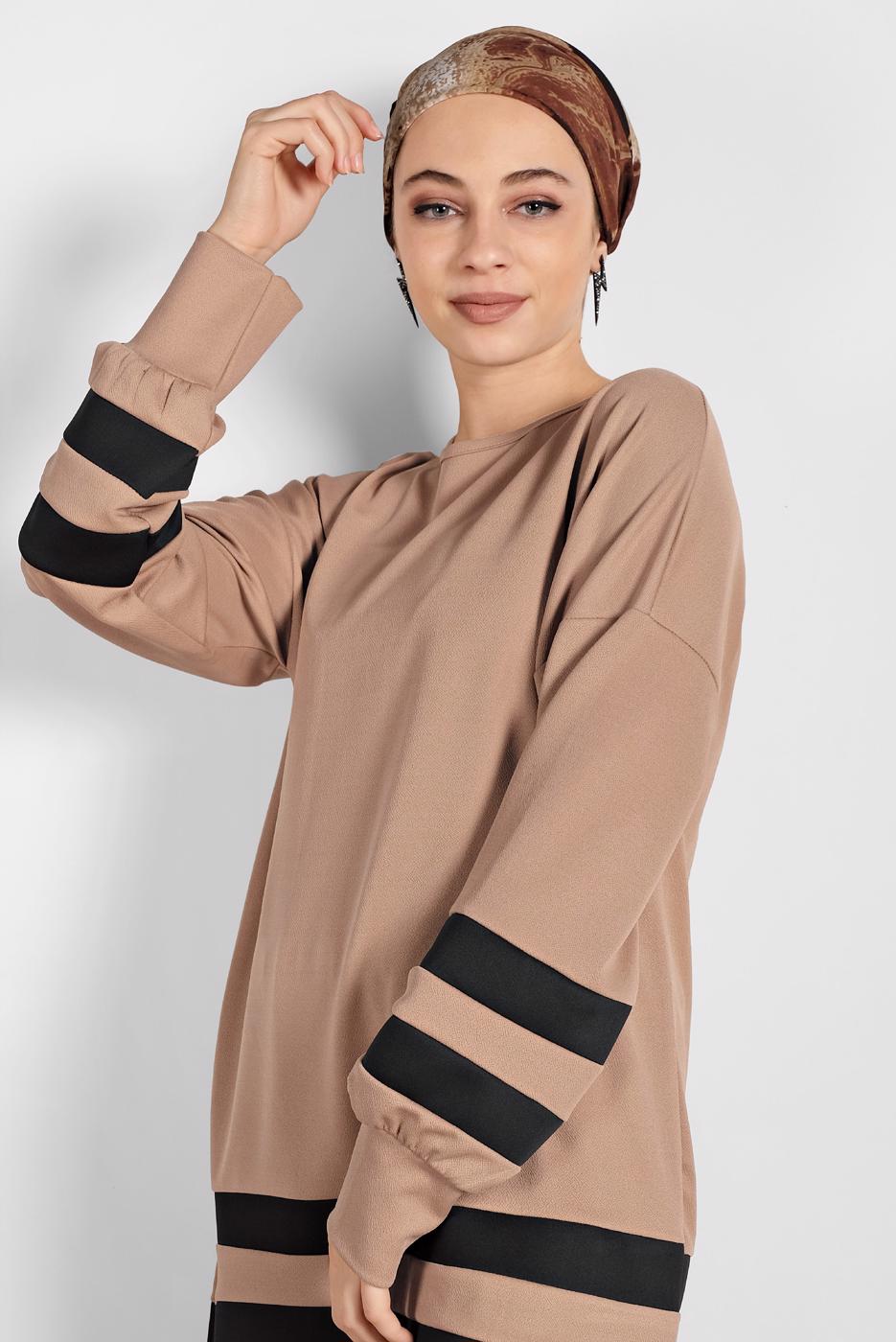 Tesettür giyim BEJ ŞERİTLİ EŞOFMAN TAKIMI 1006 