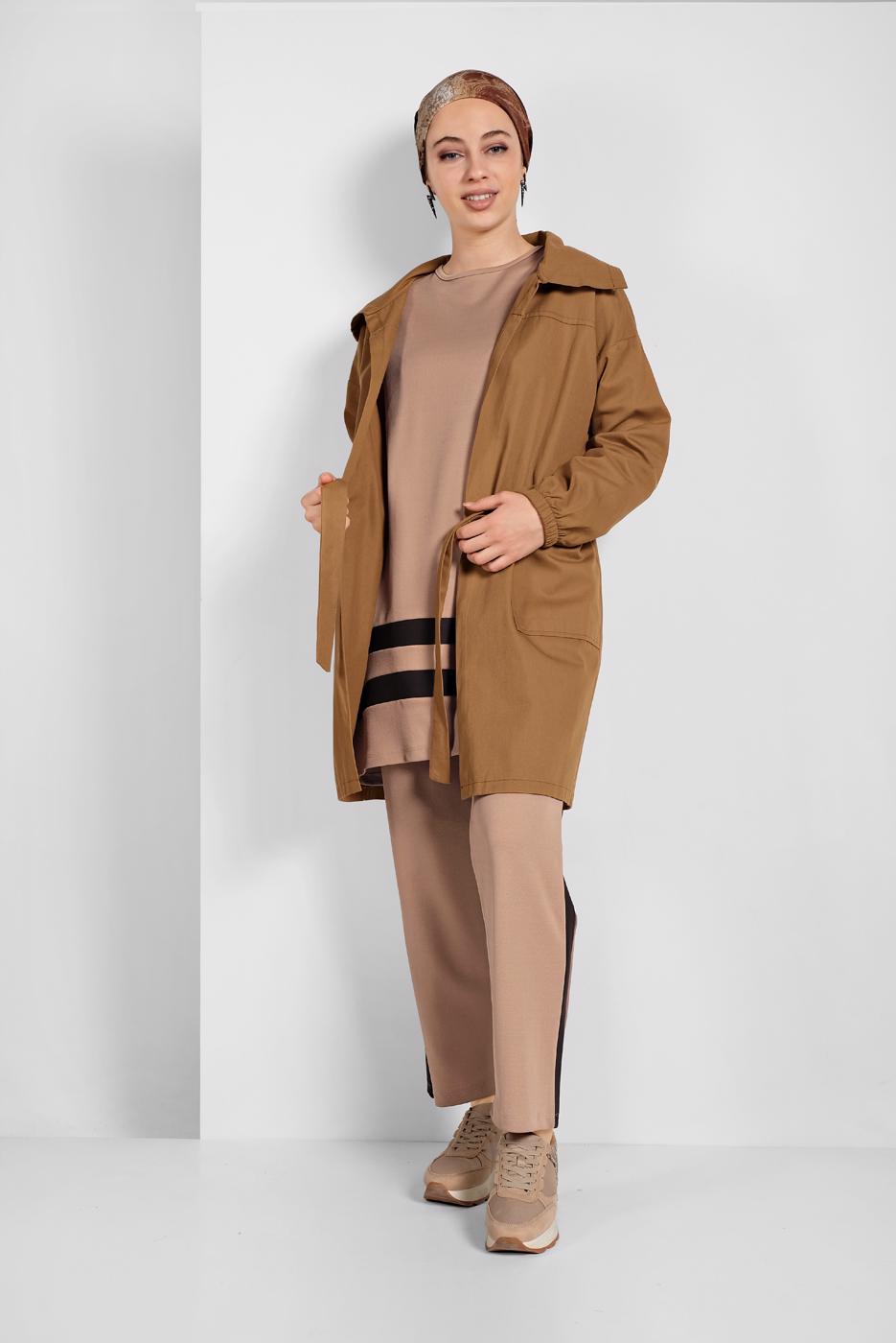Tesettür giyim BEJ ŞERİTLİ EŞOFMAN TAKIMI 1006 