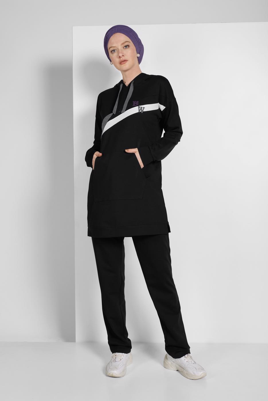 Tesettür giyim SİYAH KAPÜŞONLU EŞOFMAN TAKIMI 1519