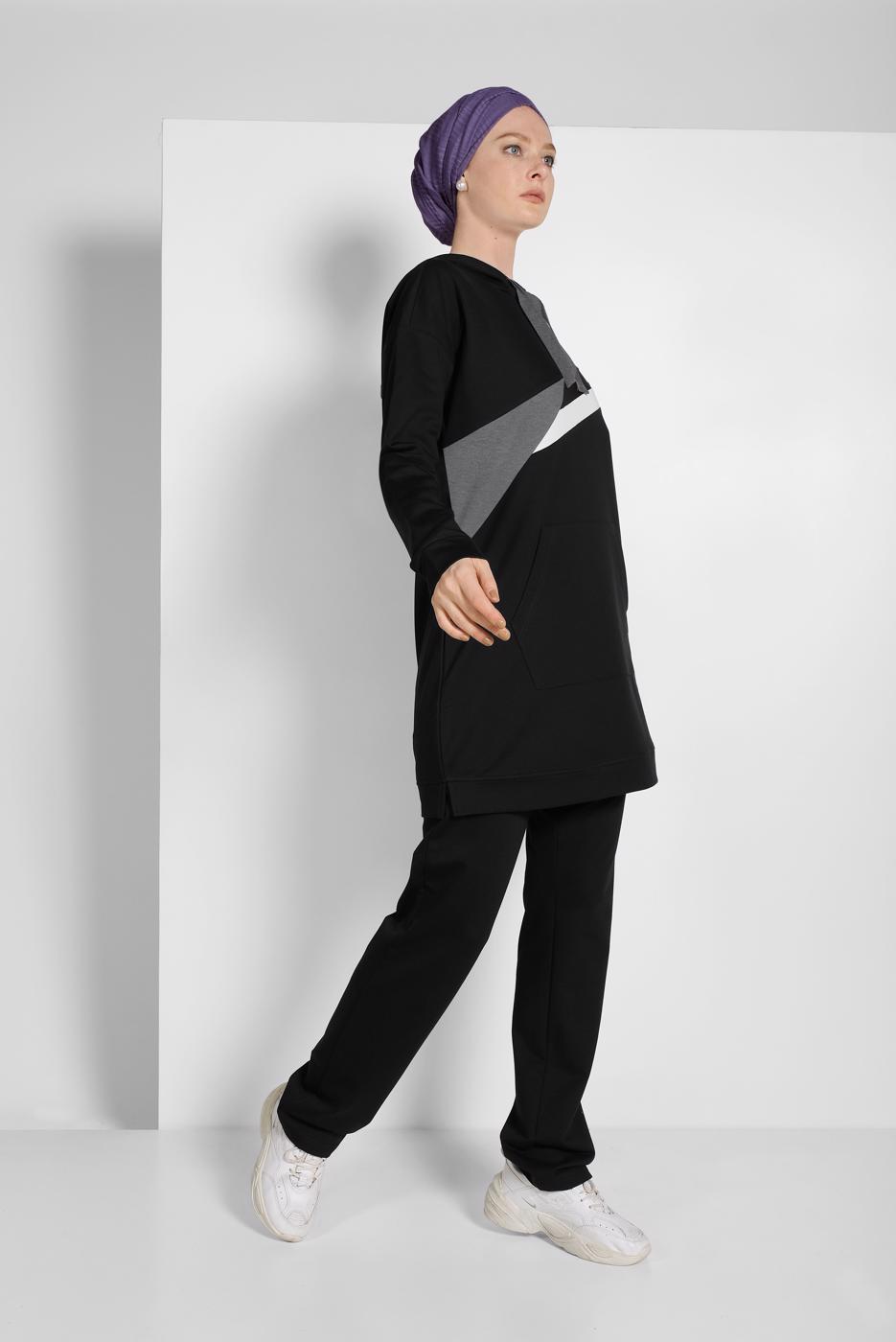 Tesettür giyim SİYAH KAPÜŞONLU EŞOFMAN TAKIMI 1519