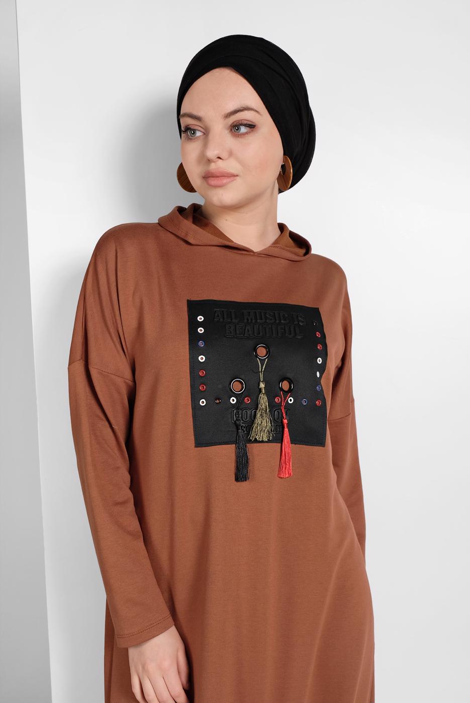 Tesettür giyim TABA ETEK UCU BÜZGÜLÜ EŞOFMAN TUNİK 6106