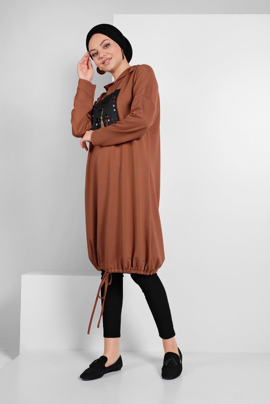 Tesettür giyim TABA ETEK UCU BÜZGÜLÜ EŞOFMAN TUNİK 6106