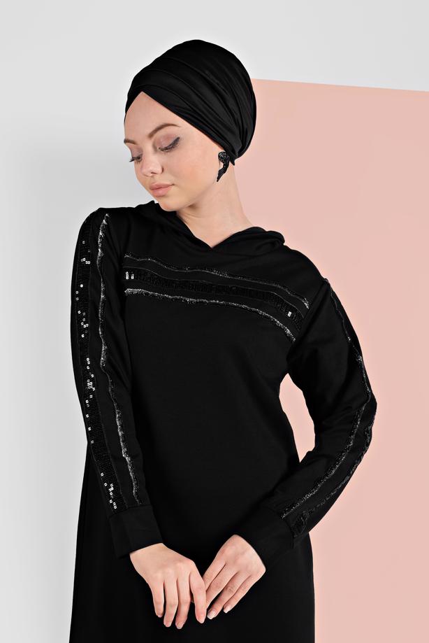 Hijab clothing BLACK SEQUINNED HOODED SPORT DRESS 6406  - TRENDTESETTÜR