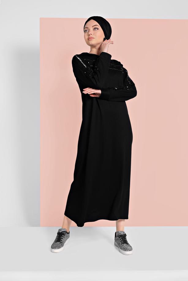 Hijab clothing BLACK SEQUINNED HOODED SPORT DRESS 6406  - TRENDTESETTÜR