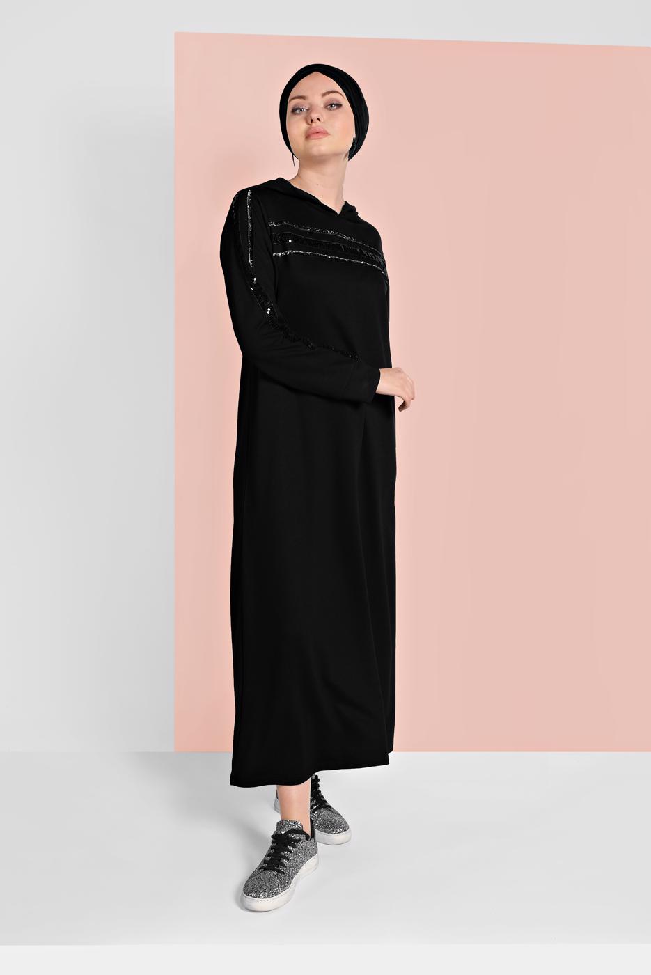 Hijab clothing BLACK SEQUINNED HOODED SPORT DRESS 6406 