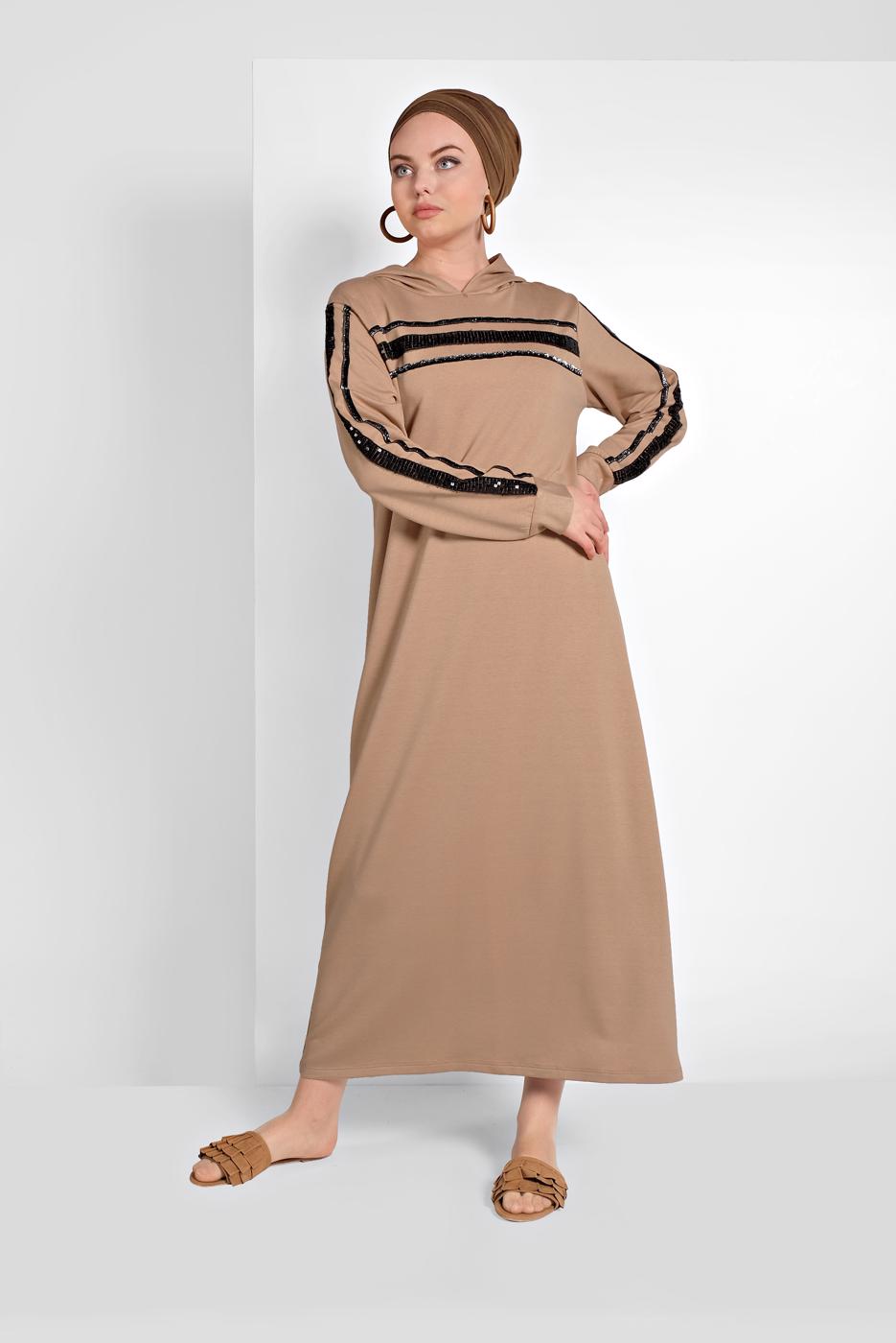 Hijab clothing BEIGE SEQUINNED HOODED SPORT DRESS 6406 