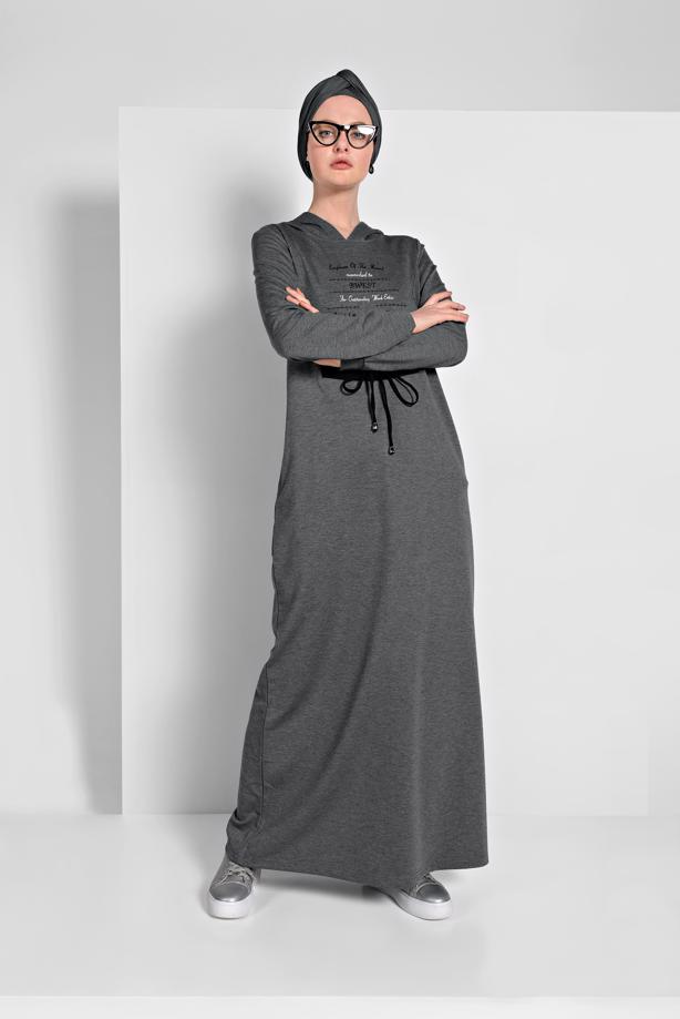 Hijab clothing GREY PRINTED HOODED SPORT DRESS 6819  - TRENDTESETTÜR