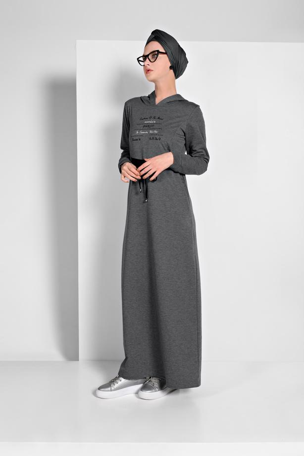 Hijab clothing GREY PRINTED HOODED SPORT DRESS 6819  - TRENDTESETTÜR