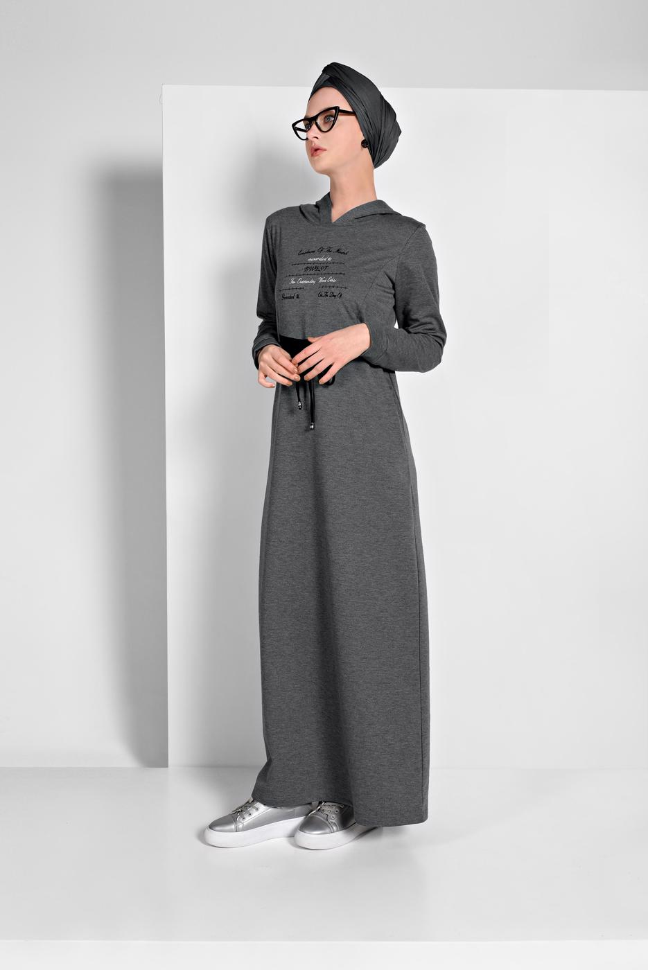 Hijab clothing GREY PRINTED HOODED SPORT DRESS 6819 