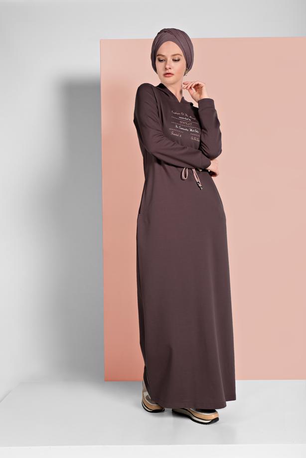 Hijab clothing BROWN PRINTED HOODED SPORT DRESS 6819  - TRENDTESETTÜR