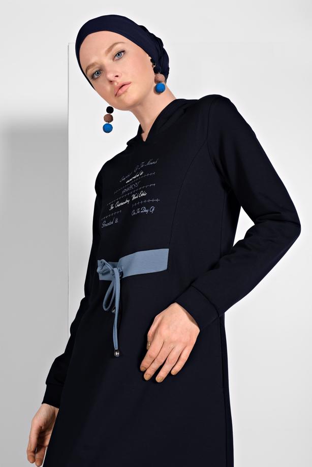 Hijab clothing NAVY BLUE PRINTED HOODED SPORT DRESS 6819  - TRENDTESETTÜR