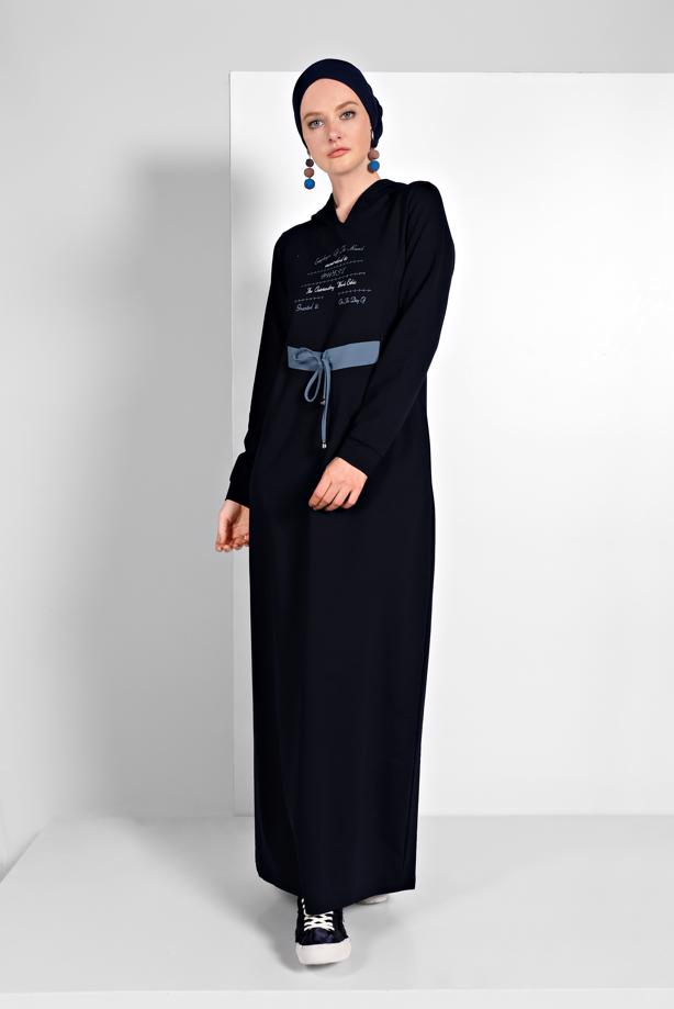 Hijab clothing NAVY BLUE PRINTED HOODED SPORT DRESS 6819  - TRENDTESETTÜR
