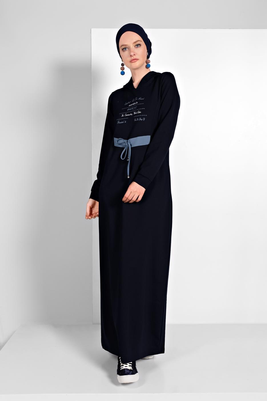 Hijab clothing NAVY BLUE PRINTED HOODED SPORT DRESS 6819 
