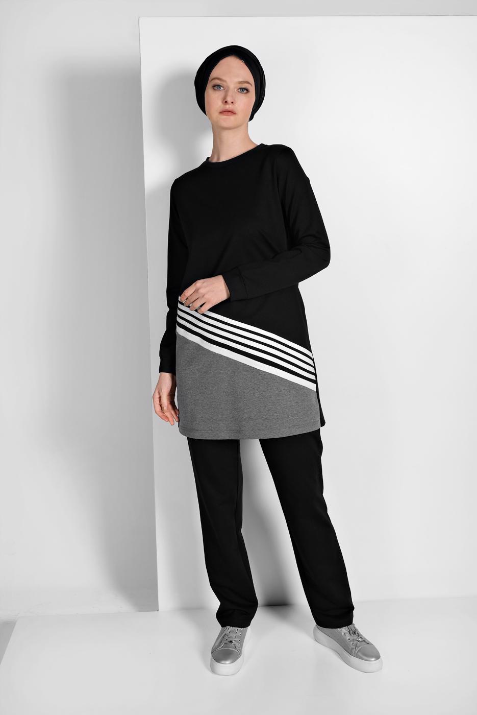 Tesettür giyim SİYAH ŞERİT DETAYLI İKİ RENK İKİLİ PANTOLONLU EŞOFMAN TAKIMI 8619