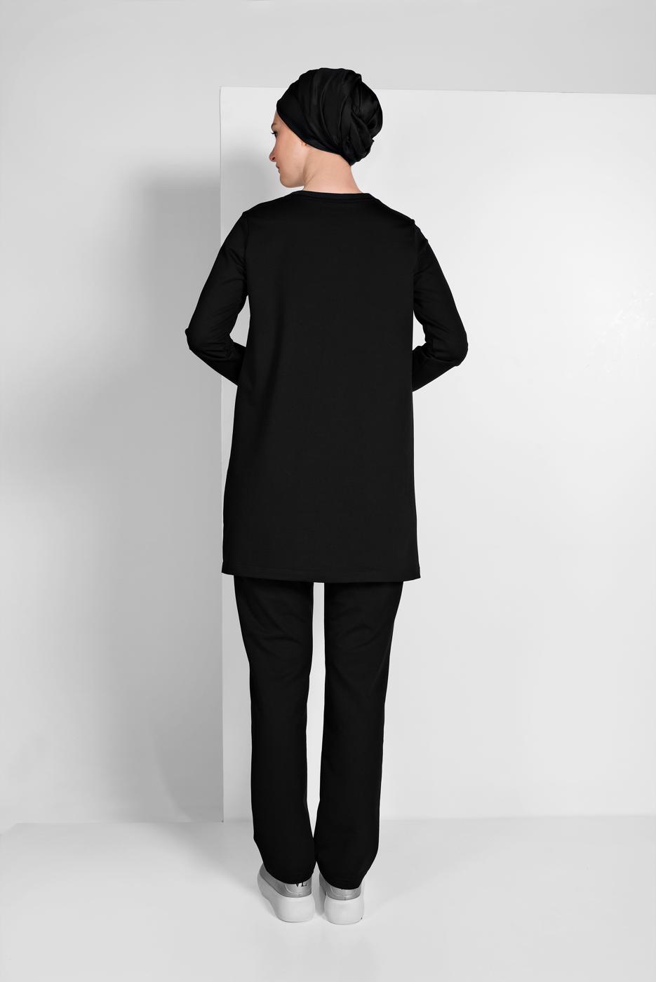 Tesettür giyim SİYAH ŞERİT DETAYLI İKİ RENK İKİLİ PANTOLONLU EŞOFMAN TAKIMI 8619