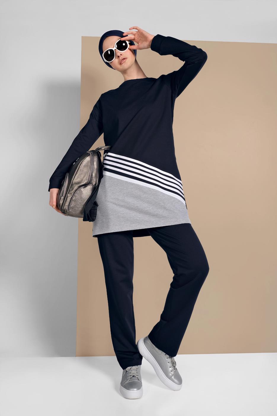 Tesettür giyim LACİVERT ŞERİT DETAYLI İKİ RENK İKİLİ PANTOLONLU EŞOFMAN TAKIMI 8619