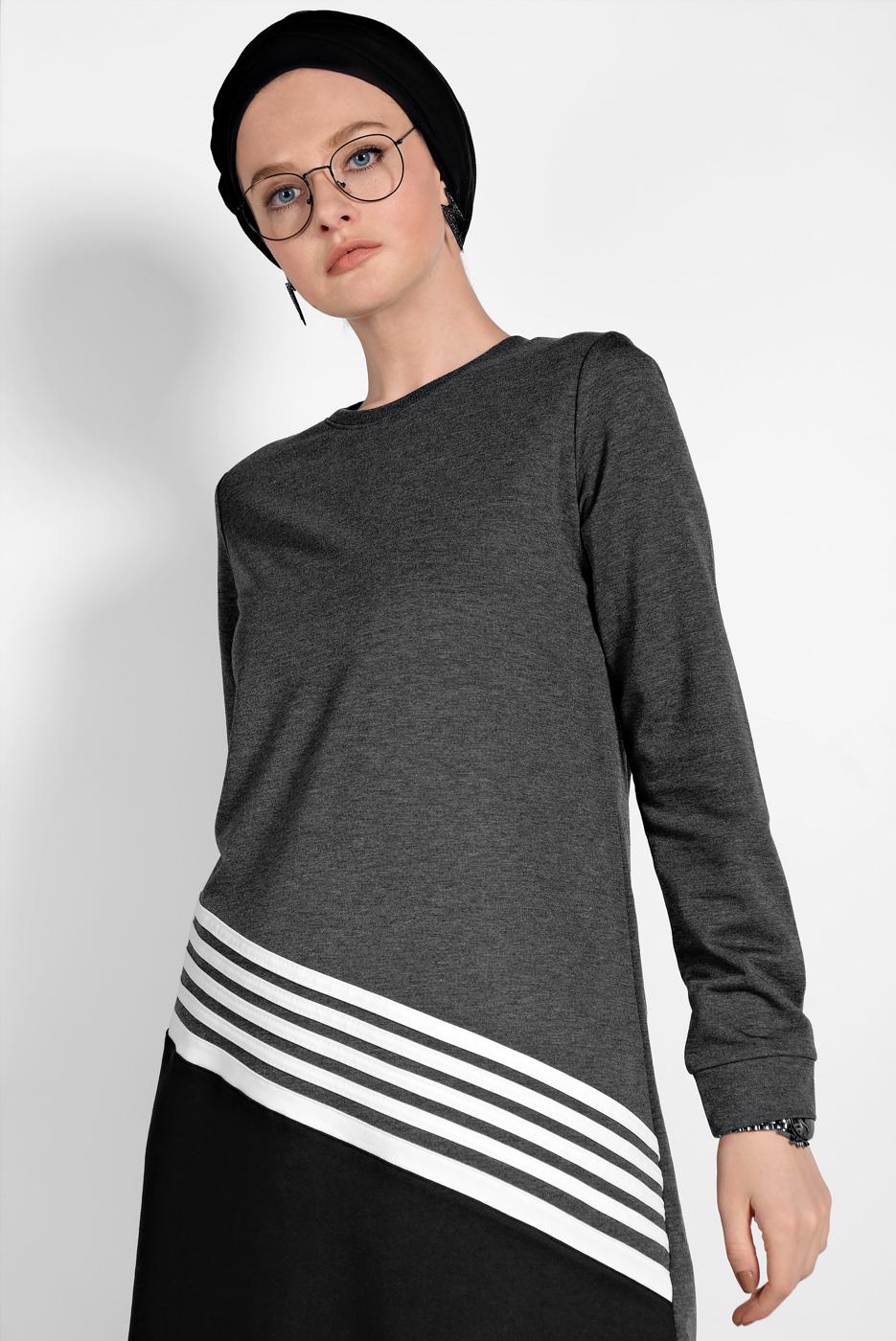Tesettür giyim GRİ ŞERİT DETAYLI İKİ RENK İKİLİ PANTOLONLU EŞOFMAN TAKIMI 8619