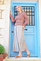 Tesettür giyim BEJ ALVİNA ÇİZGİLİ DÜĞMELİ 2&prime;Lİ ETEKLİ TAKIM 4344-1