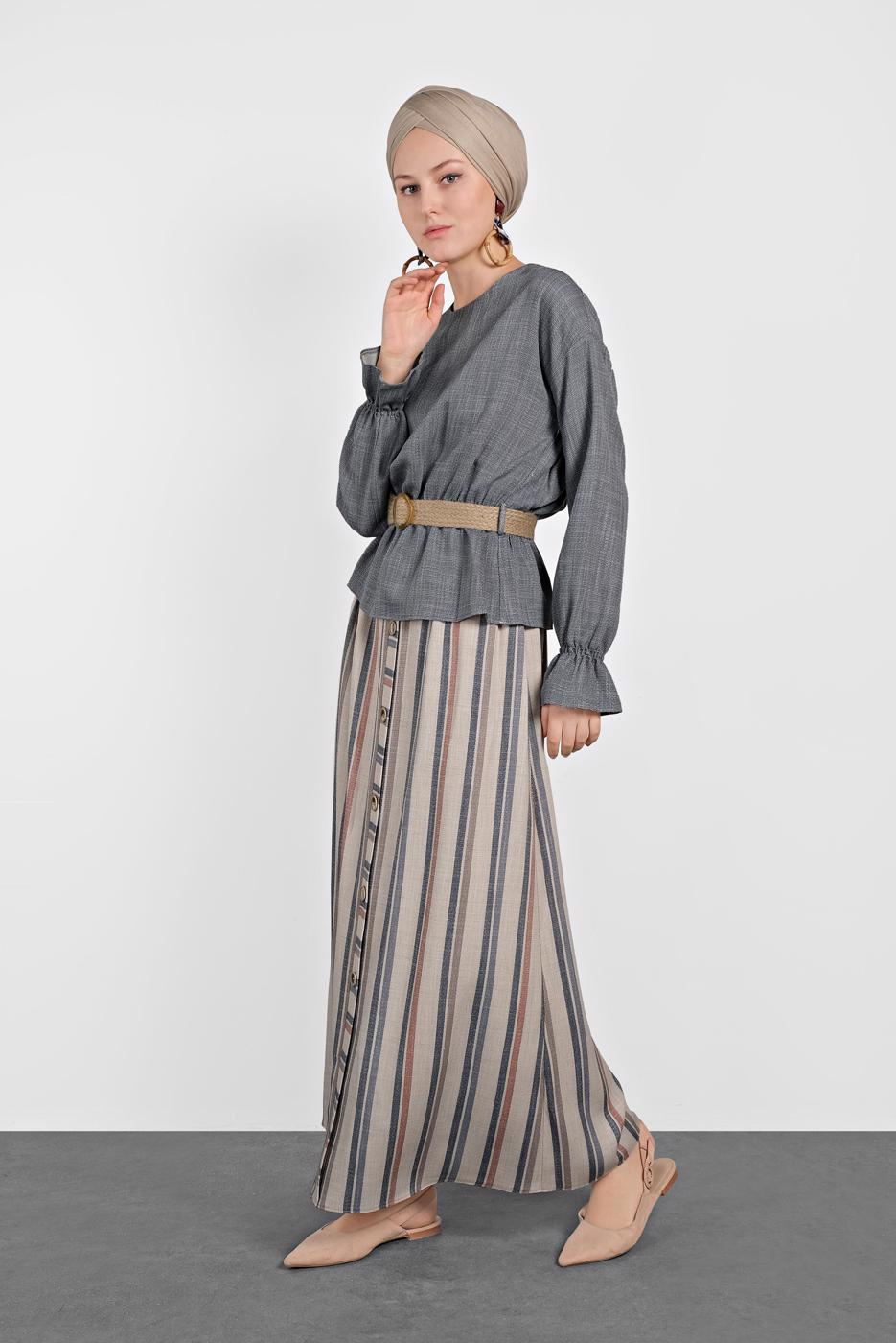 Tesettür giyim LACİVERT ALVİNA ÇİZGİLİ DÜĞMELİ 2&prime;Lİ ETEKLİ TAKIM 4344-1