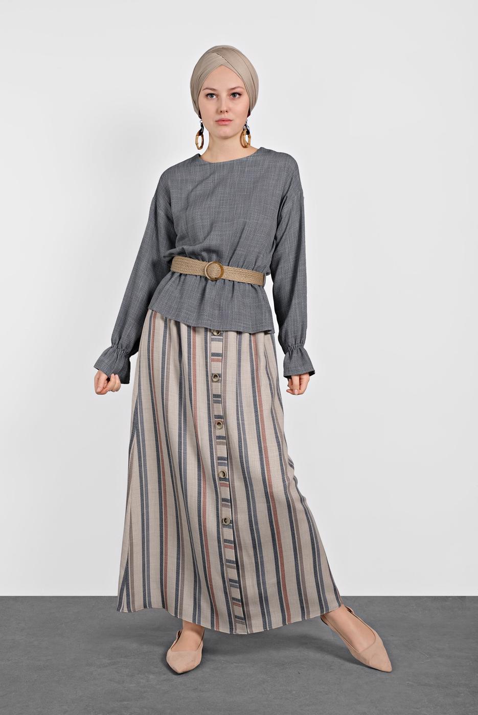 Tesettür giyim LACİVERT ALVİNA ÇİZGİLİ DÜĞMELİ 2&prime;Lİ ETEKLİ TAKIM 4344-1