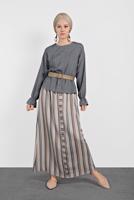 Tesettür giyim LACİVERT ALVİNA ÇİZGİLİ DÜĞMELİ 2&prime;Lİ ETEKLİ TAKIM 4344-1