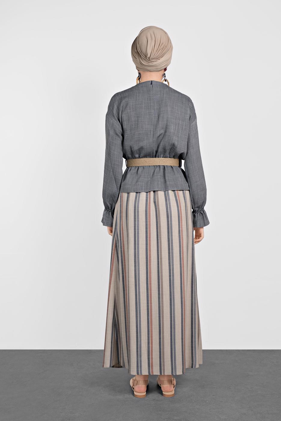 Tesettür giyim LACİVERT ALVİNA ÇİZGİLİ DÜĞMELİ 2&prime;Lİ ETEKLİ TAKIM 4344-1