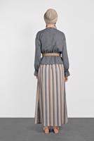 Tesettür giyim LACİVERT ALVİNA ÇİZGİLİ DÜĞMELİ 2&prime;Lİ ETEKLİ TAKIM 4344-1