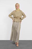 Tesettür giyim GRİ ALVİNA ÇİZGİLİ DÜĞMELİ 2&prime;Lİ ETEKLİ TAKIM 4344-1