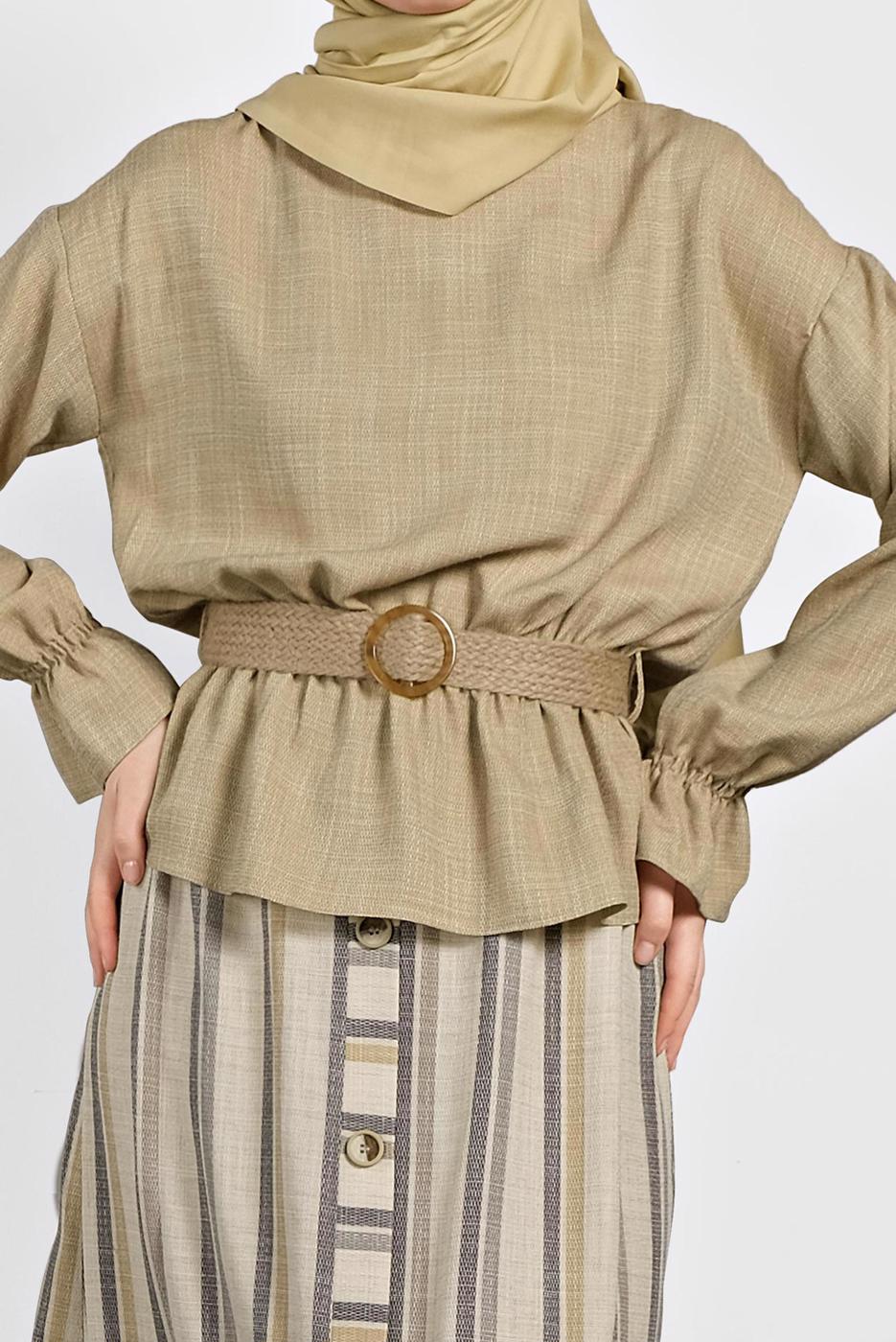 Tesettür giyim GRİ ALVİNA ÇİZGİLİ DÜĞMELİ 2&prime;Lİ ETEKLİ TAKIM 4344-1