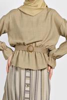 Tesettür giyim GRİ ALVİNA ÇİZGİLİ DÜĞMELİ 2&prime;Lİ ETEKLİ TAKIM 4344-1