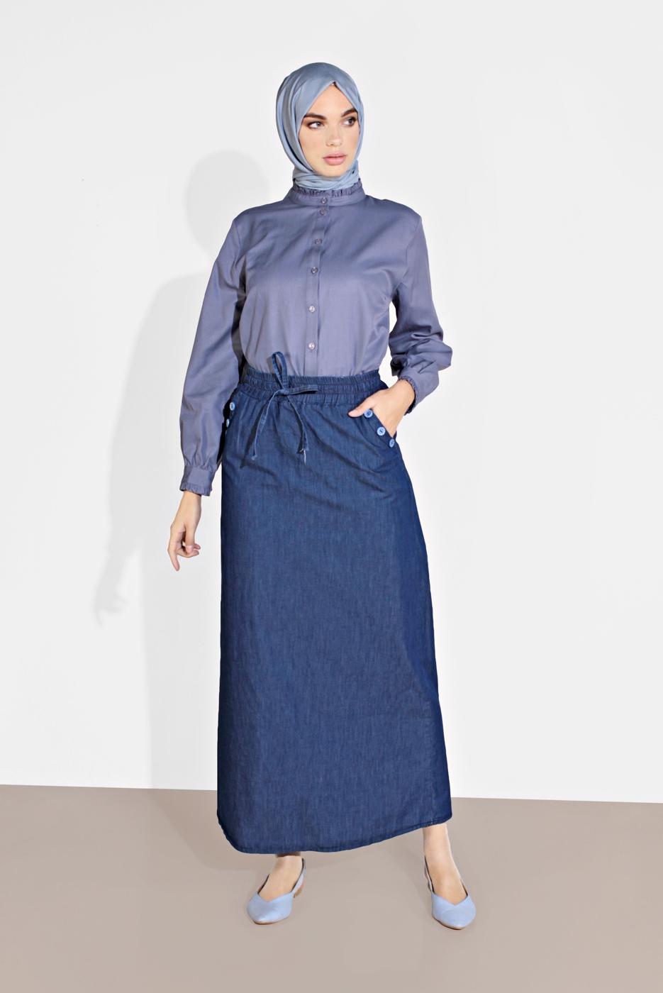 Vêtements hijab BLEU MARINE JUPE EN JEAN TAILLE-NOUÉE 6232-1