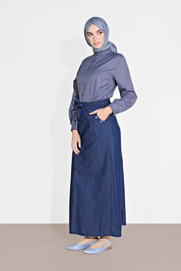 Vêtements hijab BLEU MARINE JUPE EN JEAN TAILLE-NOUÉE 6232-1 - TRENDTESETTÜR