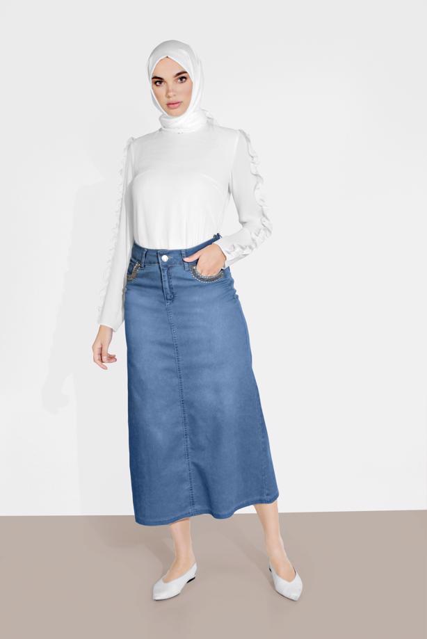 Vêtements hijab BLEU MARINE JUPE EN JEAN 0112 - TRENDTESETTÜR