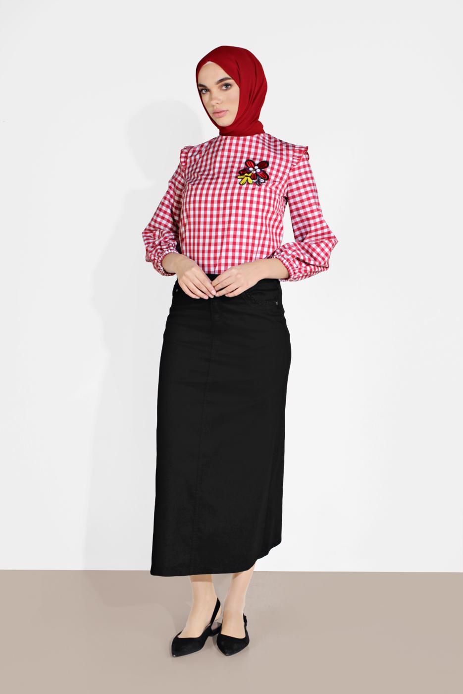 Vêtements hijab NOIR JUPE EN JEAN À BRODÉE 0312 