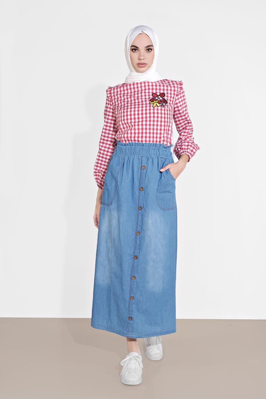 Tesettür giyim MAVİ DÜĞME DETAYLI DENİM ETEK 754