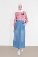 Tesettür giyim MAVİ DÜĞME DETAYLI DENİM ETEK 754