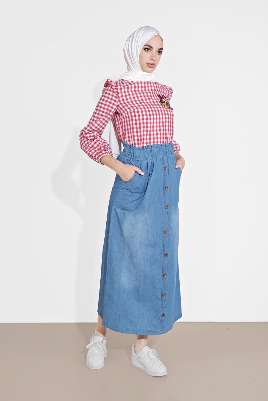 Tesettür giyim MAVİ DÜĞME DETAYLI DENİM ETEK 754
