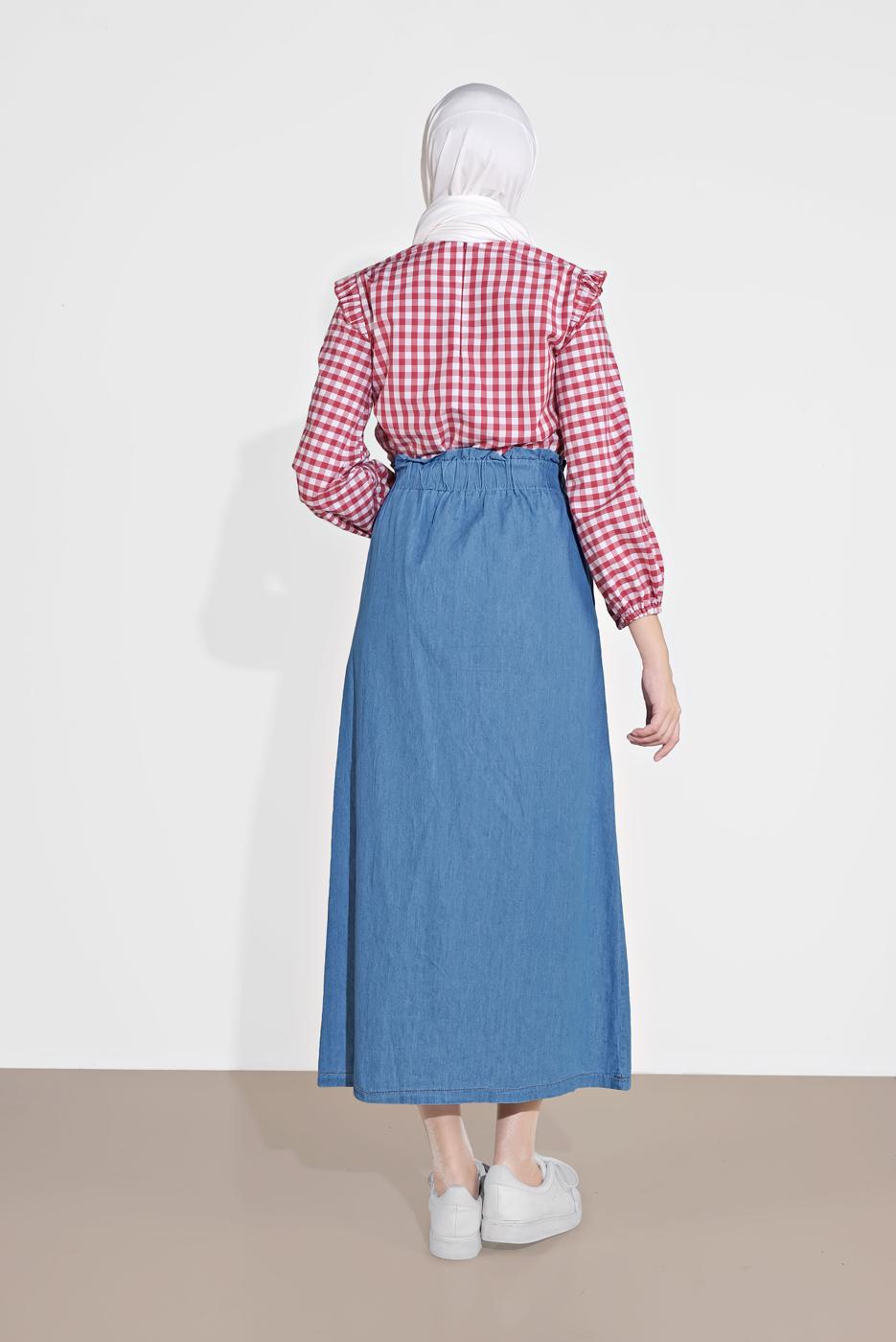 Tesettür giyim MAVİ DÜĞME DETAYLI DENİM ETEK 754