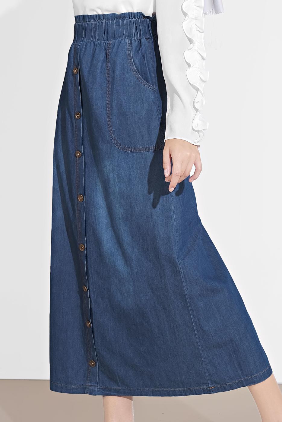 Tesettür giyim LACİVERT DÜĞME DETAYLI DENİM ETEK 754