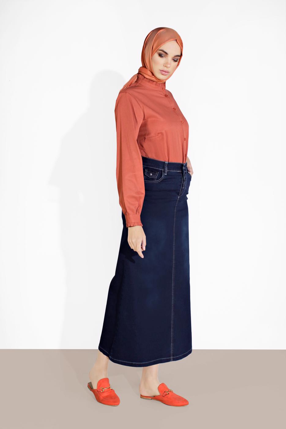 Hijab clothing NAVY BLUE COTTON DENIM SKIRT WITH POCKETS 4122