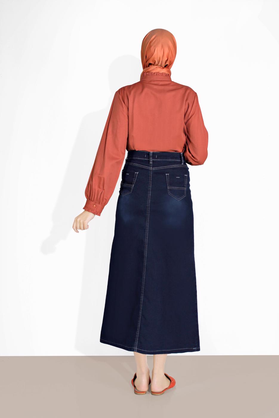 Hijab clothing NAVY BLUE COTTON DENIM SKIRT WITH POCKETS 4122