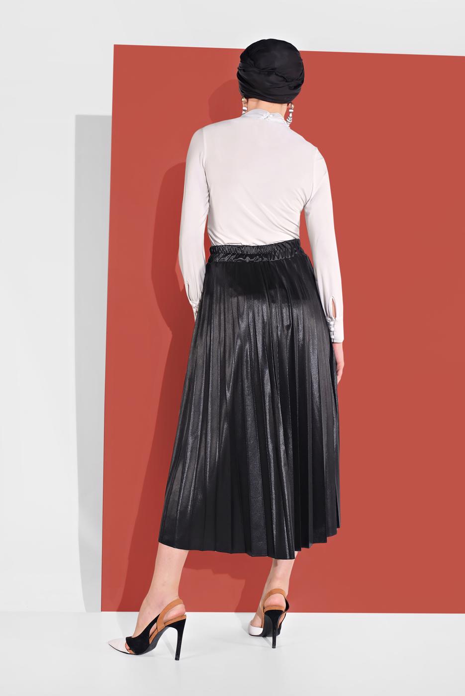 Tesettür giyim SİYAH BELİ LASTİKLİ PİLELİ ETEK 5607